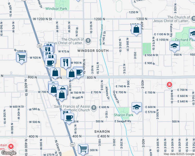map of restaurants, bars, coffee shops, grocery stores, and more near 820 Memmo Drive in Orem