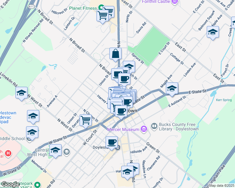 map of restaurants, bars, coffee shops, grocery stores, and more near 120 North Main Street in Doylestown
