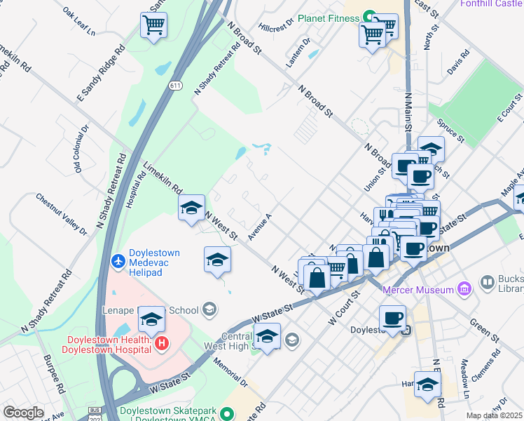 map of restaurants, bars, coffee shops, grocery stores, and more near 240 Hastings Court in Doylestown