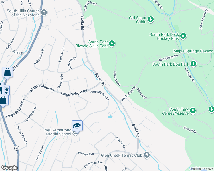 map of restaurants, bars, coffee shops, grocery stores, and more near 1577 Corral Court in Bethel Park