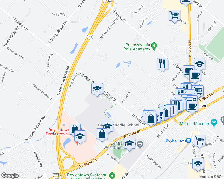 map of restaurants, bars, coffee shops, grocery stores, and more near 130 Westbury Court in Doylestown