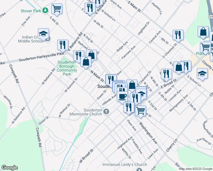map of restaurants, bars, coffee shops, grocery stores, and more near in Souderton