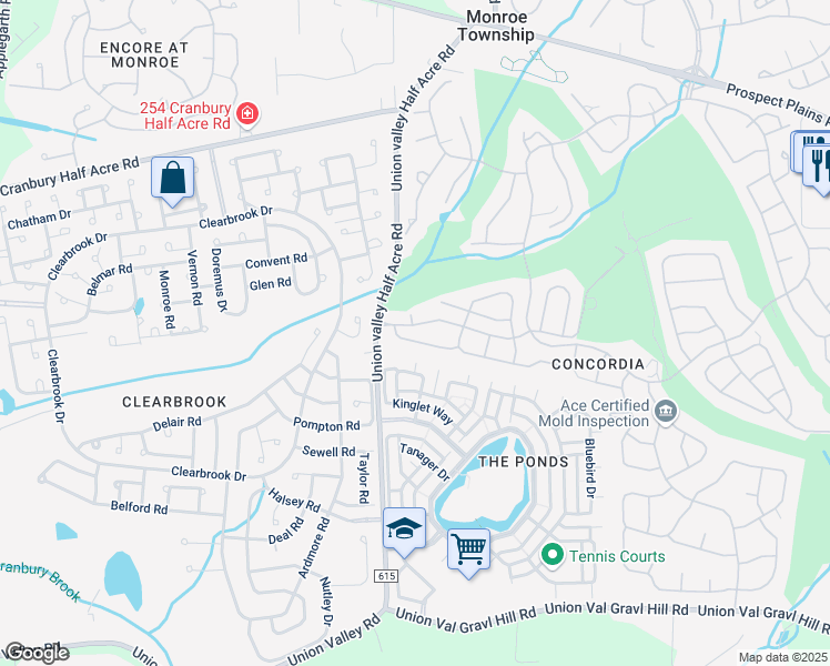 map of restaurants, bars, coffee shops, grocery stores, and more near 13 Ashbourne Drive in Monroe Township