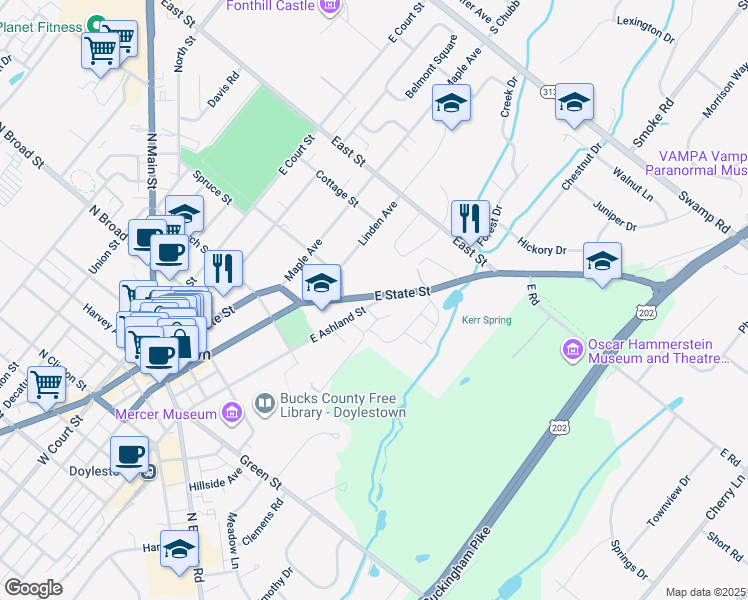 map of restaurants, bars, coffee shops, grocery stores, and more near 339 East Ashland Street in Doylestown