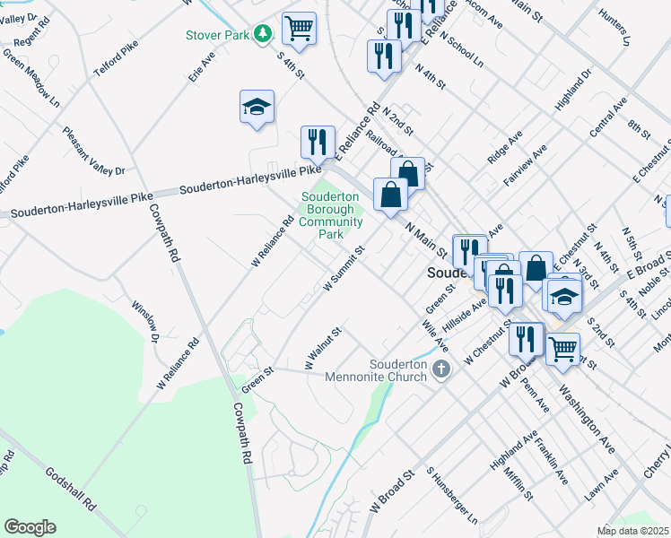map of restaurants, bars, coffee shops, grocery stores, and more near 129 West Summit Street in Souderton