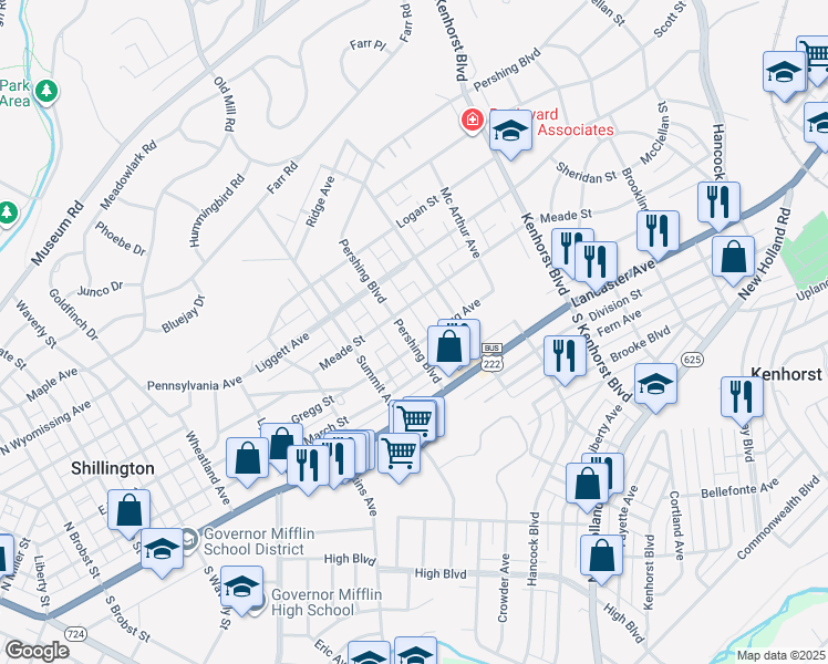 map of restaurants, bars, coffee shops, grocery stores, and more near 205 Pershing Boulevard in Reading