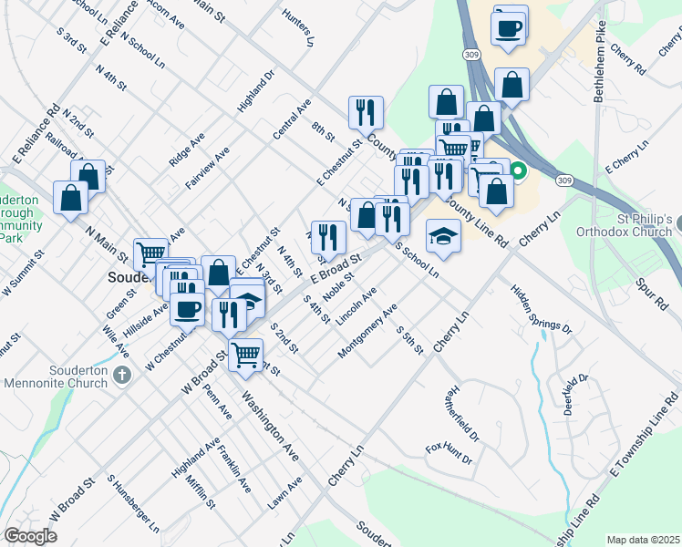 map of restaurants, bars, coffee shops, grocery stores, and more near 21 North 5th Street in Souderton
