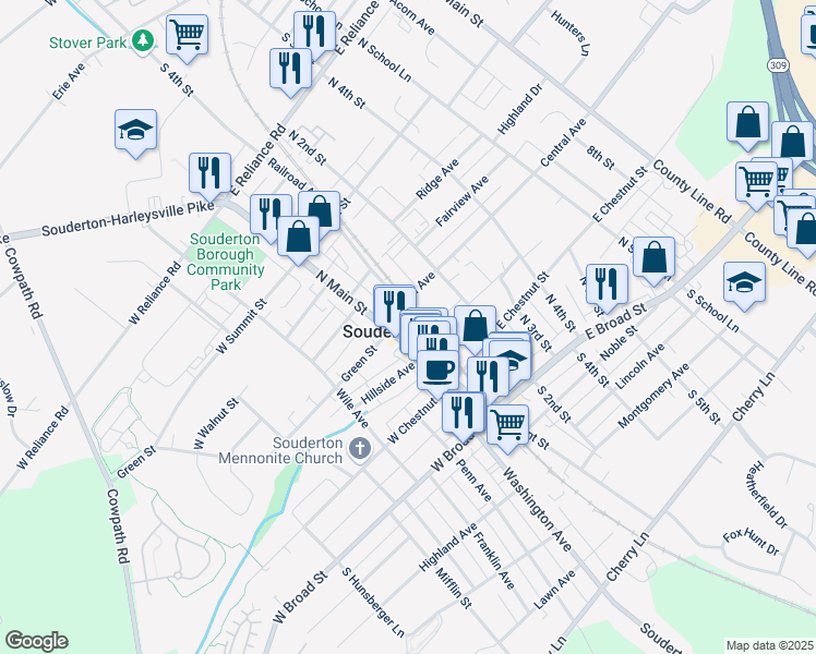 map of restaurants, bars, coffee shops, grocery stores, and more near 110 Central Avenue in Souderton