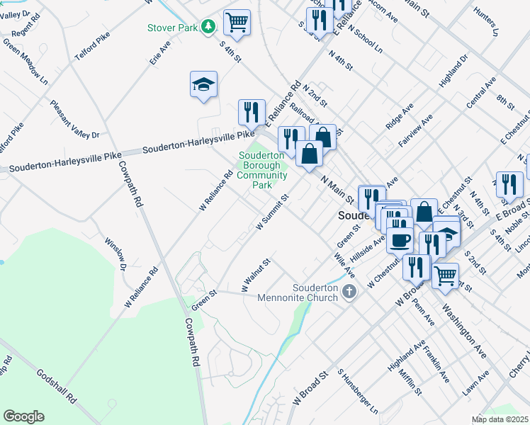 map of restaurants, bars, coffee shops, grocery stores, and more near 129 West Summit Street in Souderton