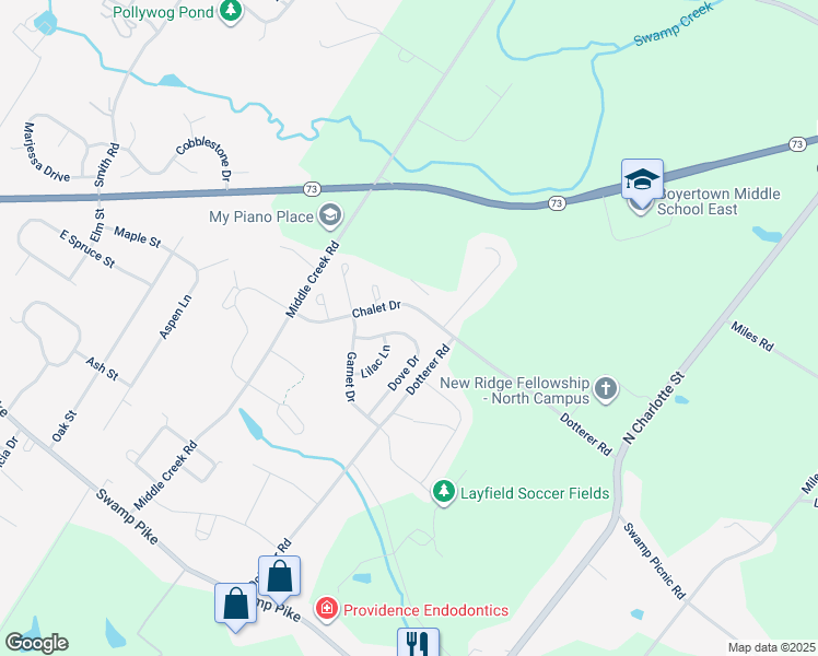 map of restaurants, bars, coffee shops, grocery stores, and more near 112 Dove Drive in Gilbertsville