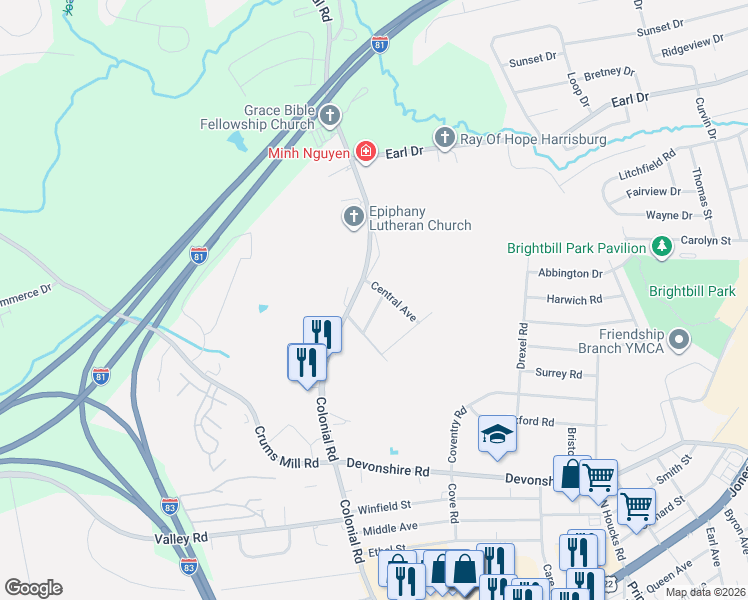 map of restaurants, bars, coffee shops, grocery stores, and more near 4305 Central Avenue in Harrisburg