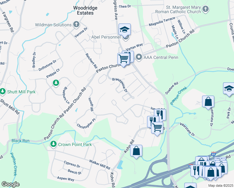 map of restaurants, bars, coffee shops, grocery stores, and more near 2228 Concord Circle in Harrisburg