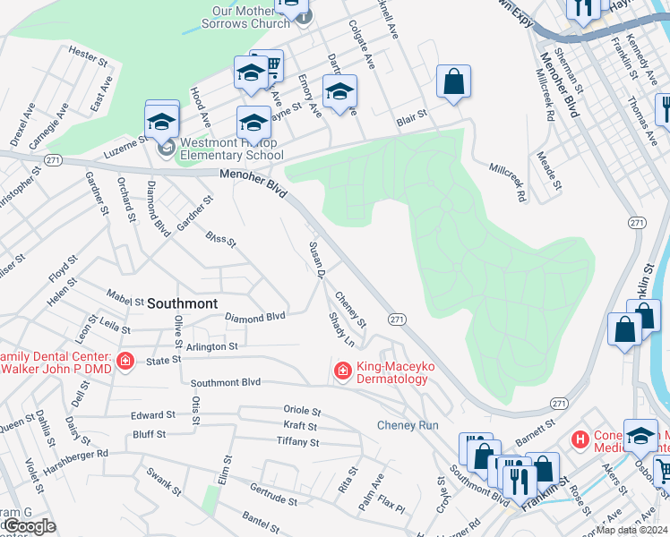 map of restaurants, bars, coffee shops, grocery stores, and more near 937 Menoher Boulevard in Johnstown
