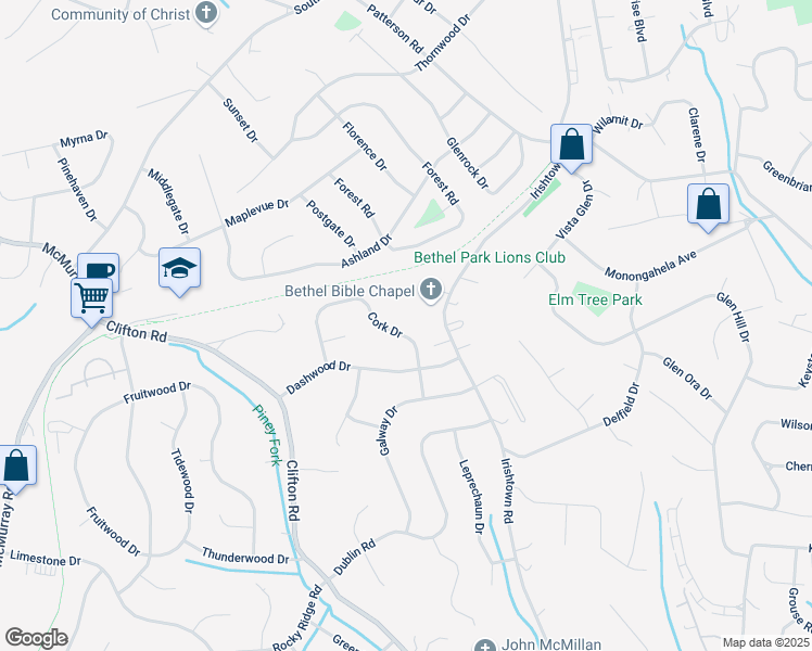 map of restaurants, bars, coffee shops, grocery stores, and more near 5822 Irishtown Road in Bethel Park
