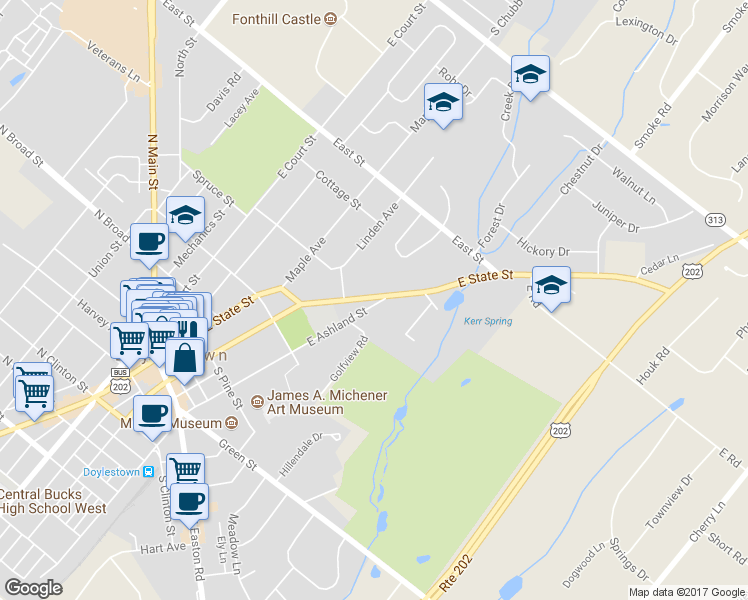 map of restaurants, bars, coffee shops, grocery stores, and more near 339 East Ashland Street in Doylestown