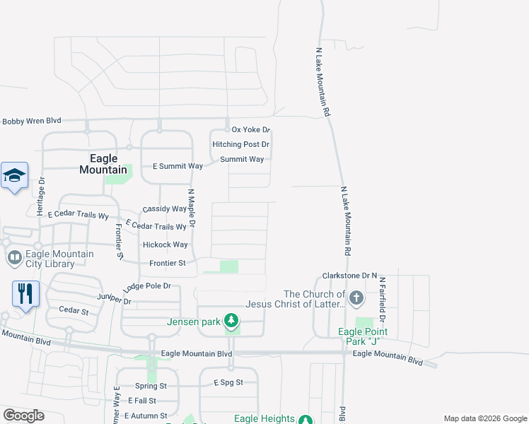 map of restaurants, bars, coffee shops, grocery stores, and more near 2418 Prairie Lane in Eagle Mountain