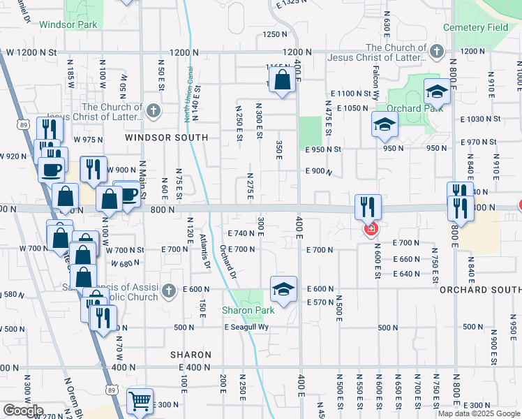 map of restaurants, bars, coffee shops, grocery stores, and more near 300 East 800 North in Vineyard