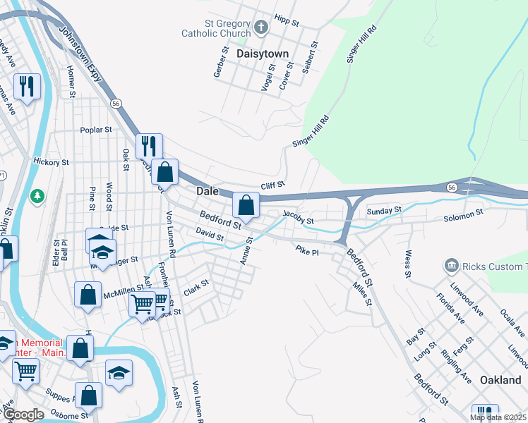 map of restaurants, bars, coffee shops, grocery stores, and more near Arthur Street in Johnstown