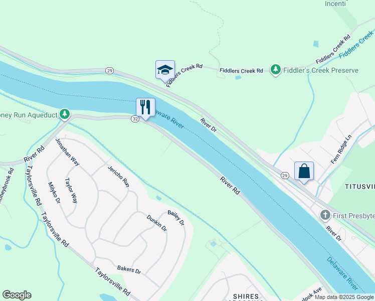 map of restaurants, bars, coffee shops, grocery stores, and more near 1210 River Road in Washington Crossing