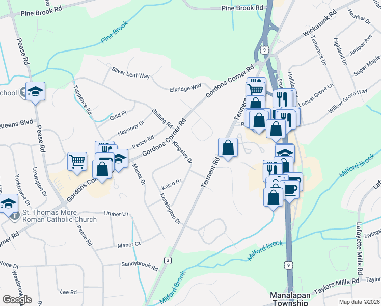 map of restaurants, bars, coffee shops, grocery stores, and more near 24 Merion Drive in Manalapan Township