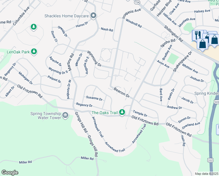 map of restaurants, bars, coffee shops, grocery stores, and more near 3022 Oak Drive in Sinking Spring