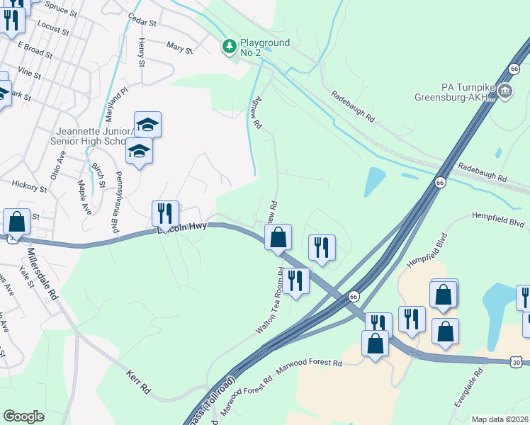 map of restaurants, bars, coffee shops, grocery stores, and more near 555 Agnew Road in Greensburg