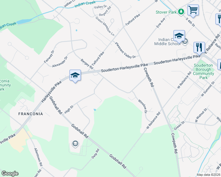 map of restaurants, bars, coffee shops, grocery stores, and more near 478 Smokepipe Road in Souderton