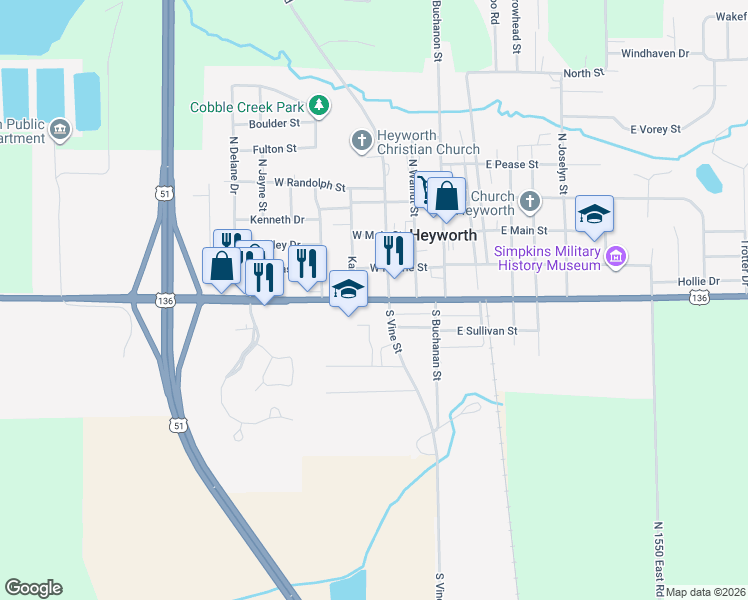 map of restaurants, bars, coffee shops, grocery stores, and more near 308 West Cleveland Street in Heyworth