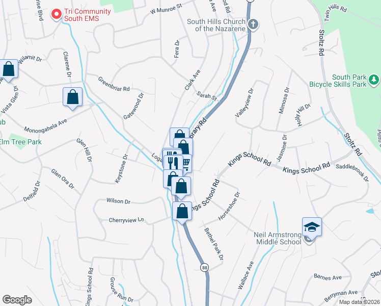 map of restaurants, bars, coffee shops, grocery stores, and more near 5761 Library Road in Bethel Park