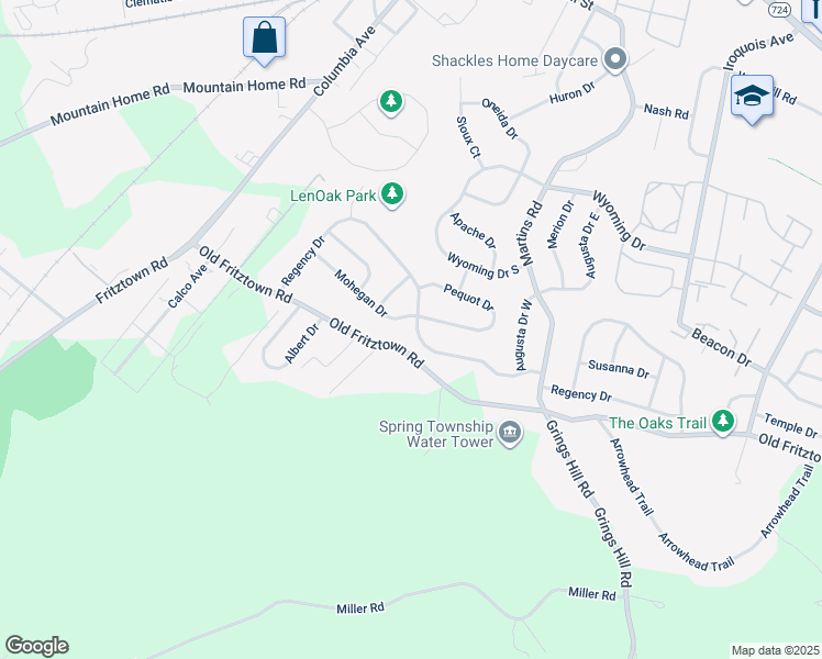 map of restaurants, bars, coffee shops, grocery stores, and more near 3400 Mohegan Drive in Sinking Spring
