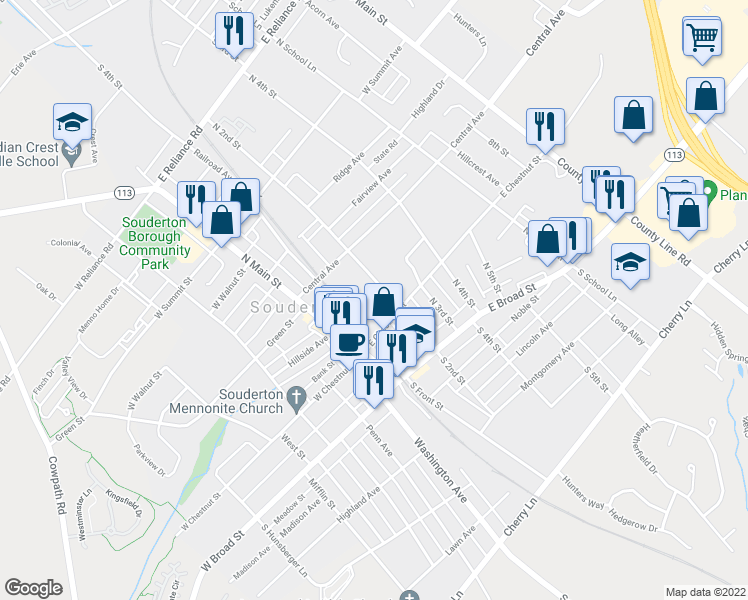 map of restaurants, bars, coffee shops, grocery stores, and more near 130 North 2nd Street in Souderton