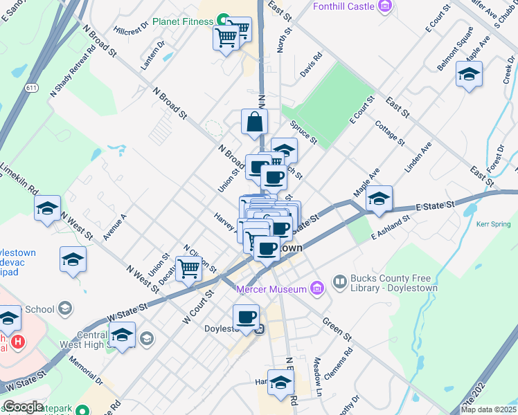 map of restaurants, bars, coffee shops, grocery stores, and more near 80 North Main Street in Doylestown