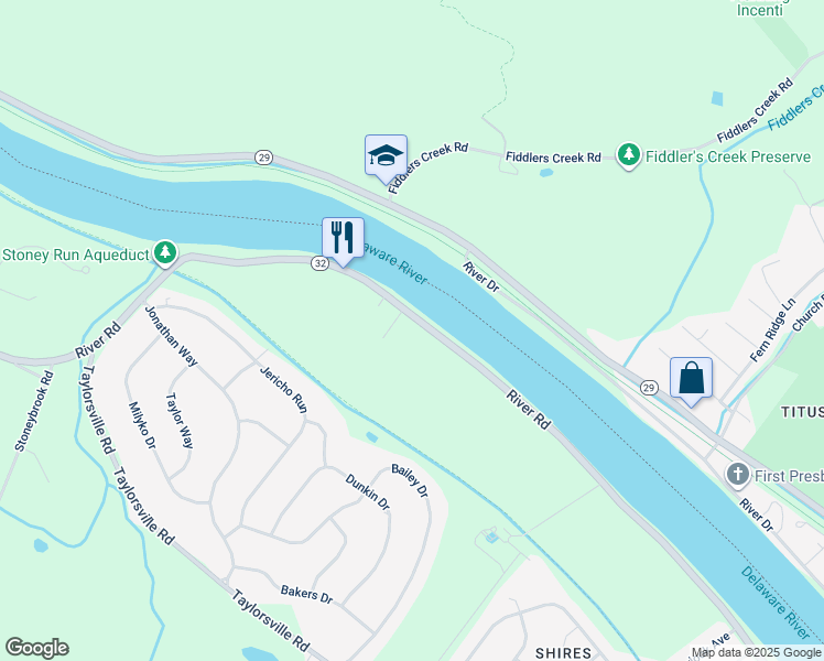 map of restaurants, bars, coffee shops, grocery stores, and more near 1241 River Road in Washington Crossing