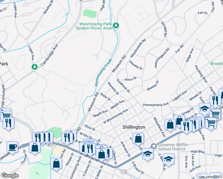 map of restaurants, bars, coffee shops, grocery stores, and more near 712 North Waverly Street in Shillington