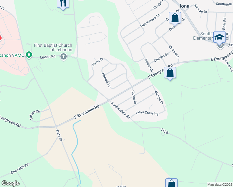 map of restaurants, bars, coffee shops, grocery stores, and more near 407 East Evergreen Road in Lebanon