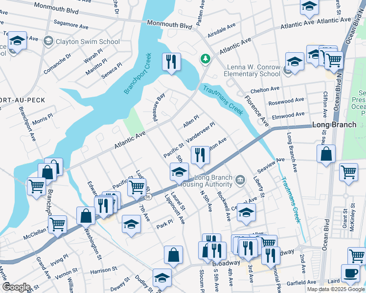map of restaurants, bars, coffee shops, grocery stores, and more near 254 Rockwell Avenue in Long Branch