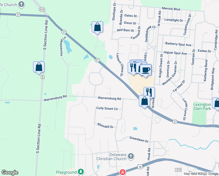 map of restaurants, bars, coffee shops, grocery stores, and more near 125 Lori Lane in Delaware