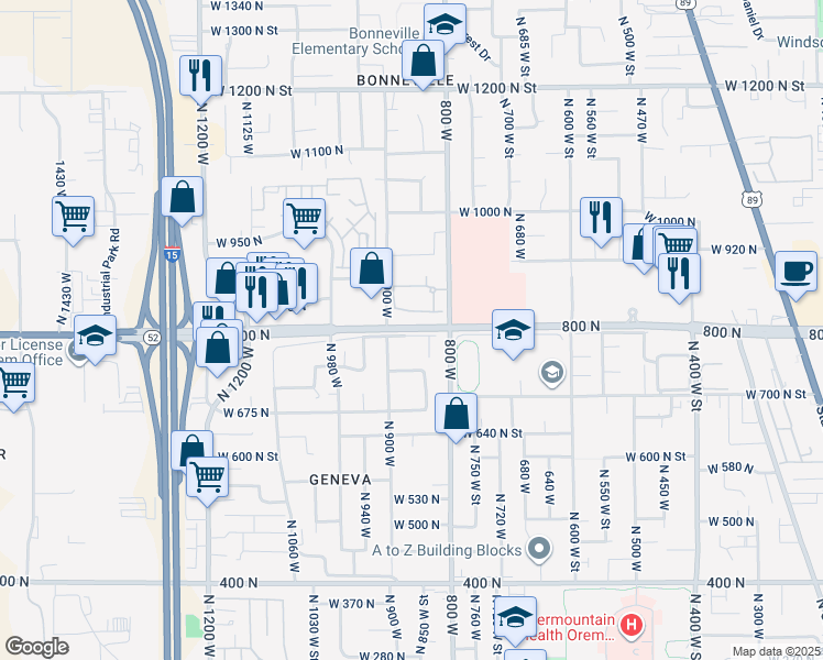 map of restaurants, bars, coffee shops, grocery stores, and more near 885 West 830 North Street in Orem