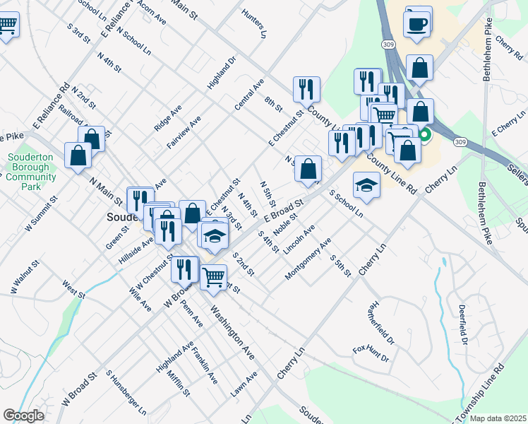 map of restaurants, bars, coffee shops, grocery stores, and more near 21 North 5th Street in Souderton