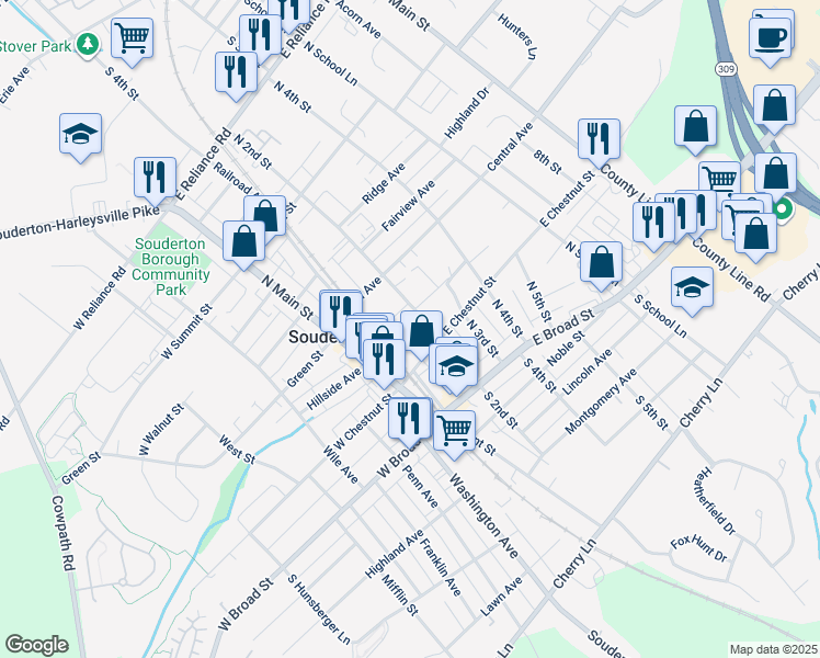 map of restaurants, bars, coffee shops, grocery stores, and more near 158 North 2nd Street in Souderton