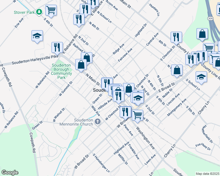 map of restaurants, bars, coffee shops, grocery stores, and more near 110 Central Avenue in Souderton