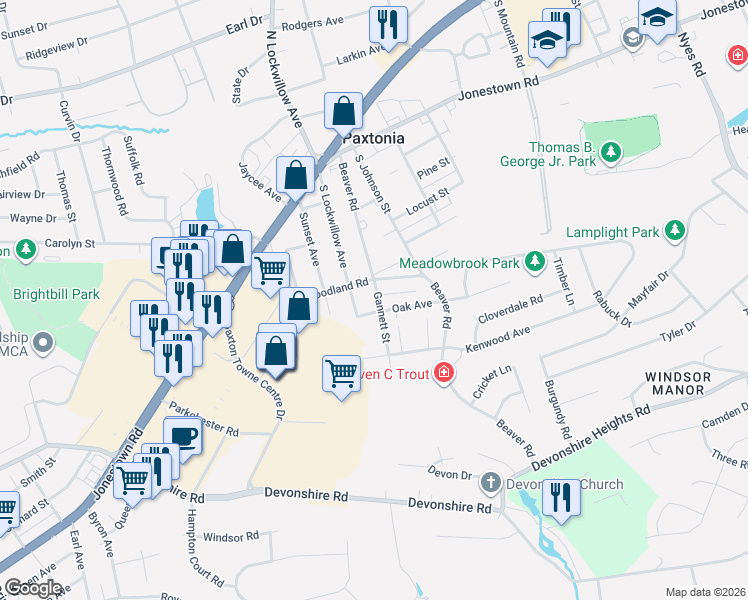 map of restaurants, bars, coffee shops, grocery stores, and more near 200 Beaver Road in Harrisburg