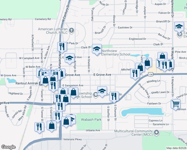 map of restaurants, bars, coffee shops, grocery stores, and more near 204 North Sheldon Street in Rantoul