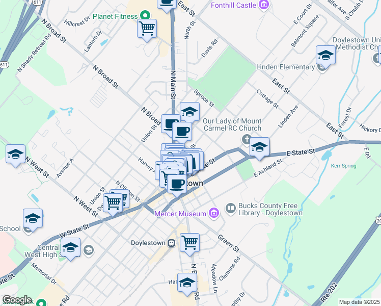 map of restaurants, bars, coffee shops, grocery stores, and more near 91 East Court Street in Doylestown