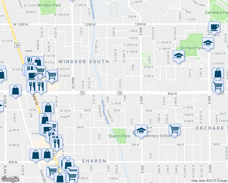 map of restaurants, bars, coffee shops, grocery stores, and more near 235 800 North in Orem