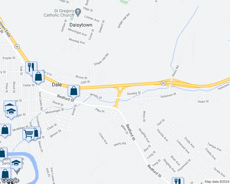 map of restaurants, bars, coffee shops, grocery stores, and more near 1047 Sunday Street in Johnstown