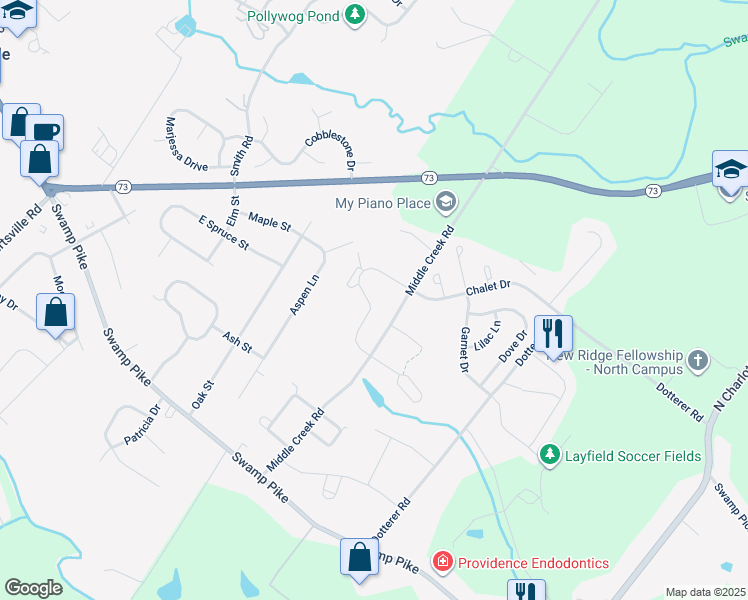 map of restaurants, bars, coffee shops, grocery stores, and more near 187 Tulip Lane in Gilbertsville