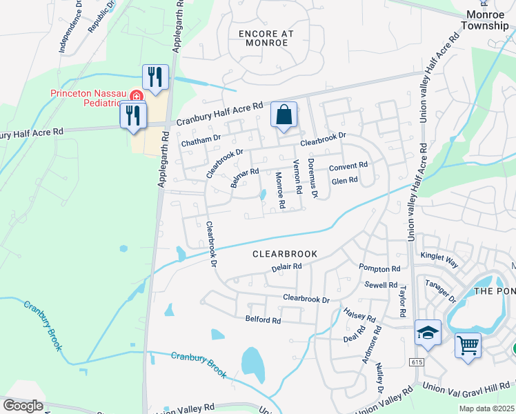 map of restaurants, bars, coffee shops, grocery stores, and more near 40C Haddon Road in Monroe Township