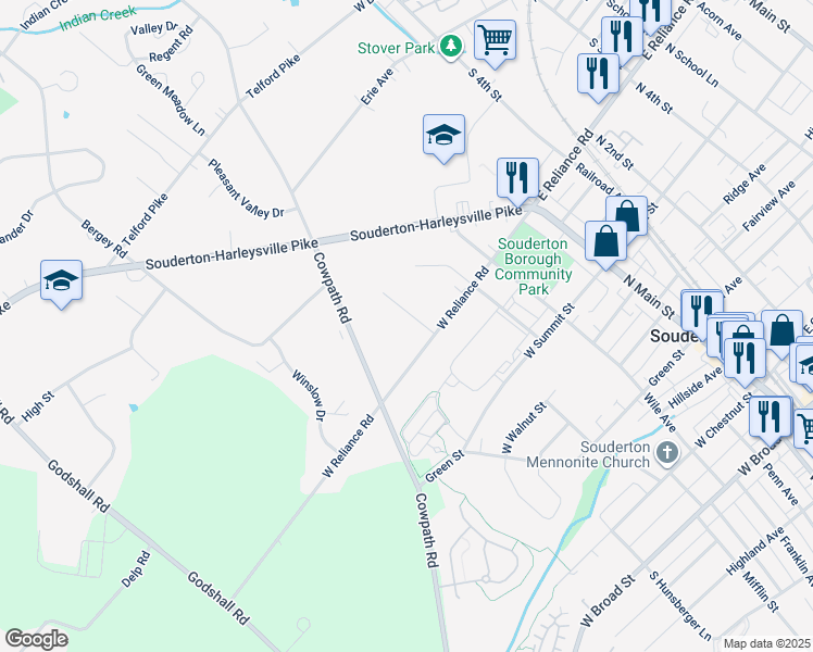 map of restaurants, bars, coffee shops, grocery stores, and more near 360 Oak Drive in Souderton