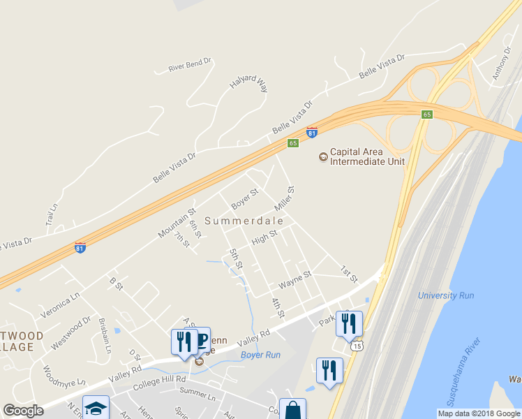 map of restaurants, bars, coffee shops, grocery stores, and more near 104 Miller Street in Dillsburg